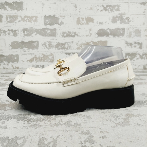 Open Edit Shoes - NEW Nordstrom Open Edit White Faux Patent Gold Chunky Academia Loafers C433